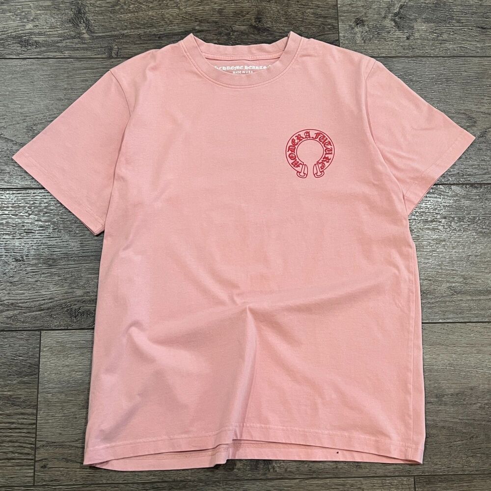 Chrome Hearts Pink Sanskrit Horseshoe Logo Spell Out Tee Shirt USA Made Large